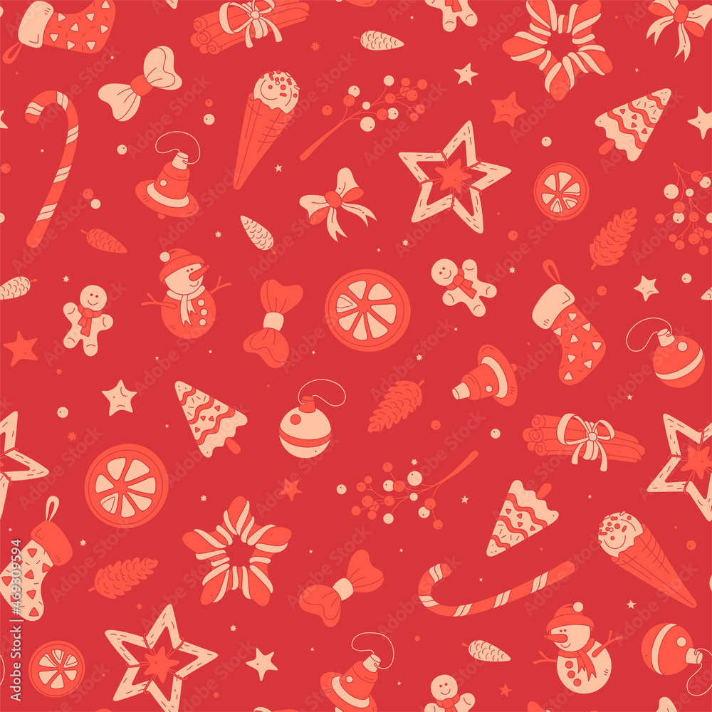 Seamless pattern with Christmas symbols isolated on red background. Colorful template of background for holidays.