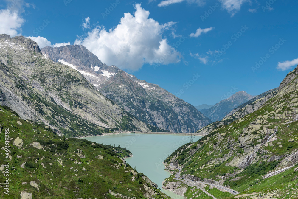 View from the Grimsel Pass road to the lake Raeterichsbodensee near Guttannen