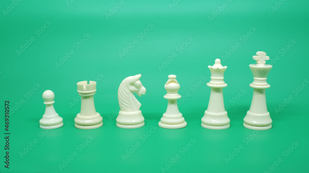 The arrangement of chess pieces ranging from pawns, rooks, knight, bishop, queens, and kings isolated on a green screen. The arrangement of chess pieces ranging from pawns, rooks, knight, bishop, queens, and kings isolated on a green screen.