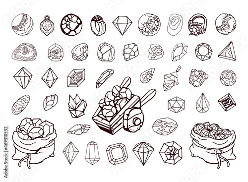 Collection of monochrome illustrations of gemstones in sketch style. Hand drawings in art ink style. Black and white graphics.
