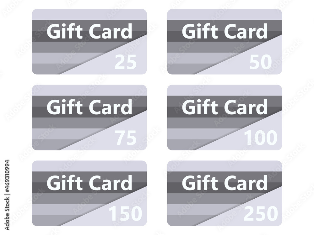Set of gift cards with striped design. Template for gift and discount card, marketing products. Cards in denominations: 25, 50, 75, 100, 150, 250. Vector illustration Set of gift cards with striped design. Template for gift and discount card, marketing products. Cards in denominations: 25, 50, 75, 100, 150, 250. Vector illustration