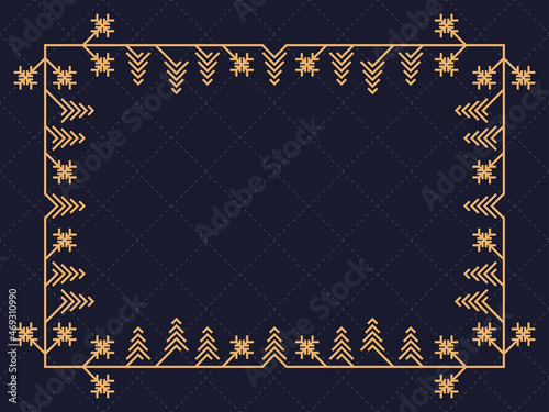 Art deco frame with snowflakes. Christmas linear border, line art. Template design for greeting card Merry Christmas and Happy New Year. The style of the 1920s - 1930s. Vector illustration