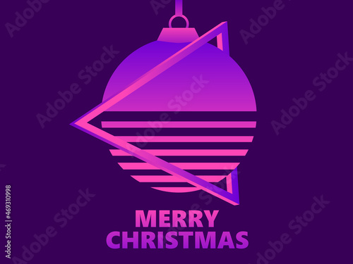 Merry Christmas in synthwave and retrowave style. 80s retro sci-fi christmas tree. Festive design for greeting card, promotional material and banner. Vector illustration
