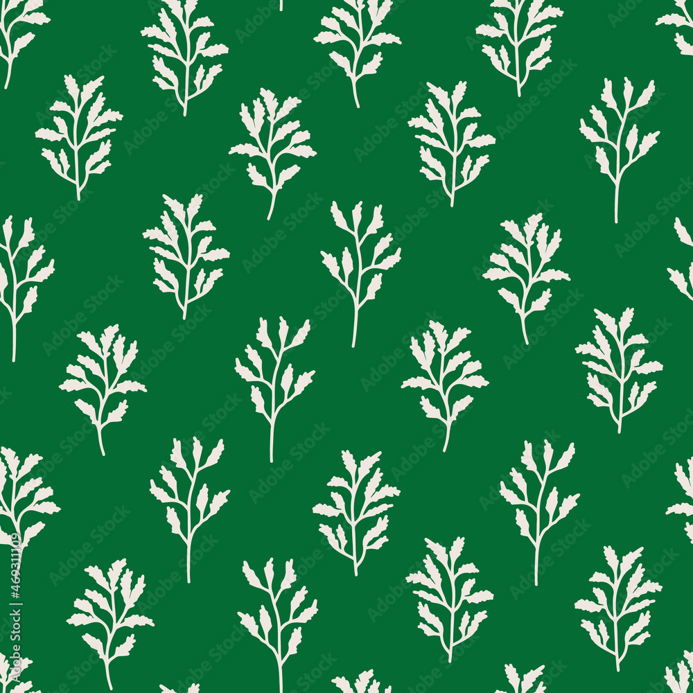 Botany plants seamless repeat pattern. Vector, herbs all over surface print on green background.