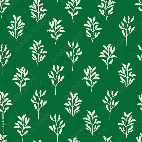 Botany plants seamless repeat pattern. Vector, herbs all over surface print on green background.