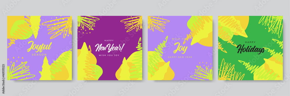 Merry Christmas greeting cards. Trendy square Winter Holidays art templates. New year greeting cards. Suitable for social media post, mobile apps, banner design and web, internet ads.