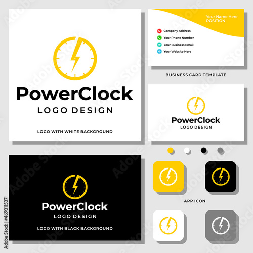 Lighting bolt and clock logo design with business card template.