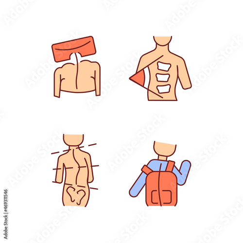 Spine curvature measure RGB color icons set. Cobb angle. Spinal curve testing method. Rib hump measurement. Isolated vector illustrations. Simple filled line drawings collection. Editable stroke