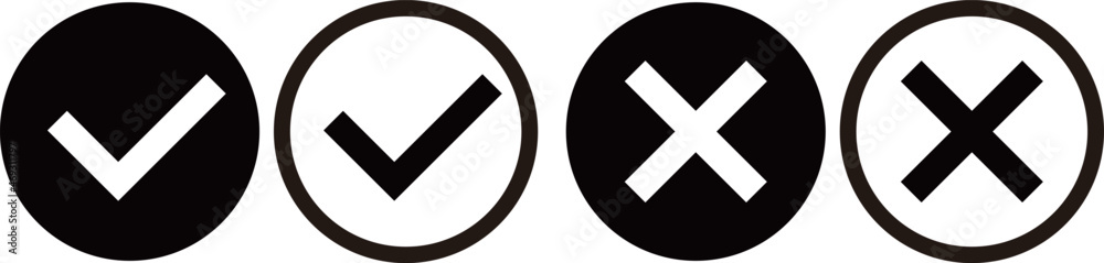 Obraz premium チェックマークとバツマークのアイコンセット。白黒のベクターイメージ。