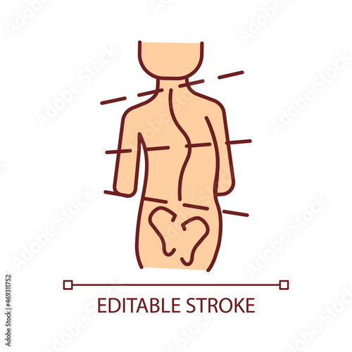Idiopathic scoliosis RGB color icon. Spine abnormal curvature. Backbone deformation. Adolescent scoliosis. Spinal problems. Isolated vector illustration. Simple filled line drawing. Editable stroke
