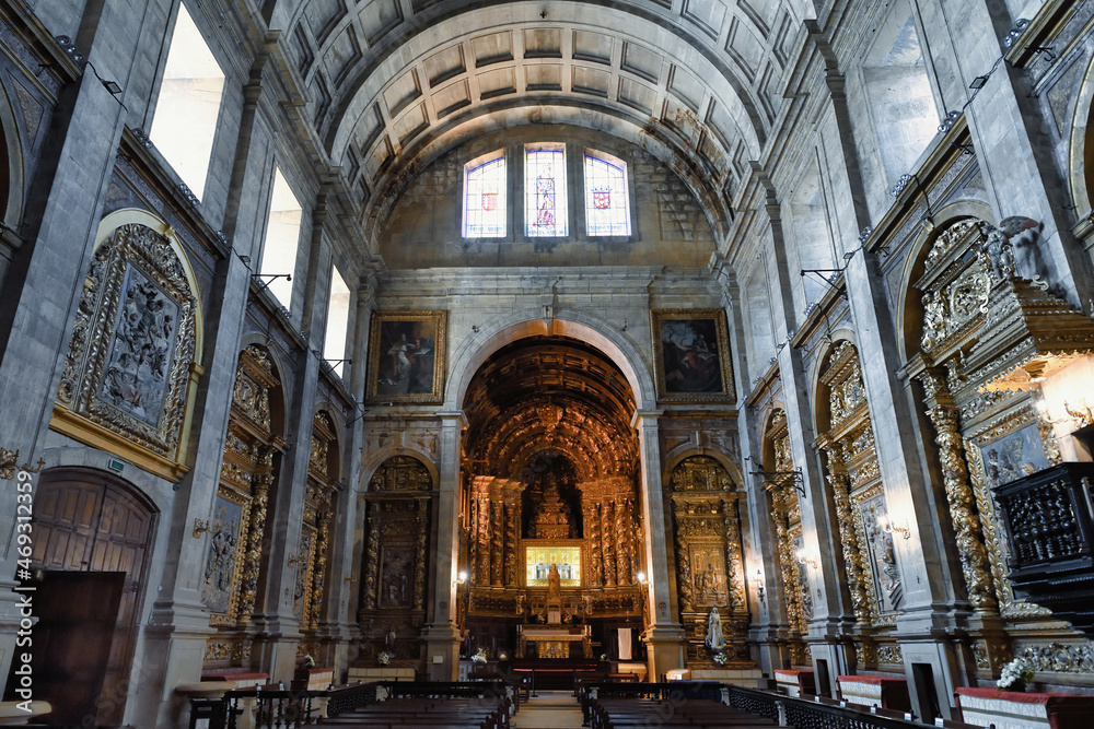 Coimbra – Portugal, June 04, 2021: Monastery of Santa Clara-a-Nova, Central nave and main altar of the Church, Coimbra, Beira, Portugal