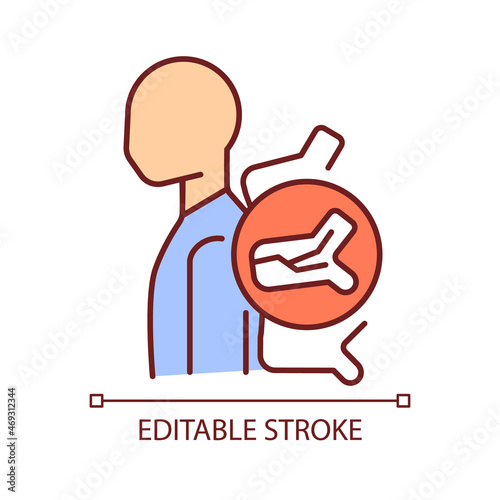 Spinal fracture RGB color icon. Spinal bones injury. Vertebral column dislocation and compression. Osteoporotic trauma. Isolated vector illustration. Simple filled line drawing. Editable stroke