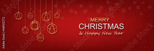 Merry Christmas and Happy New Year  background, web banner illustration of gold luxury xmas pine tree frame with geometric art deco style element for elegant holiday celebration.