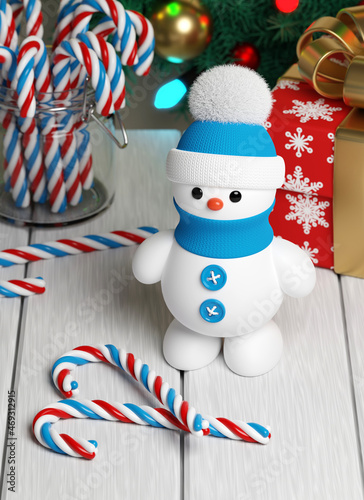 Christmas background with snowman and candy canes. 3d render