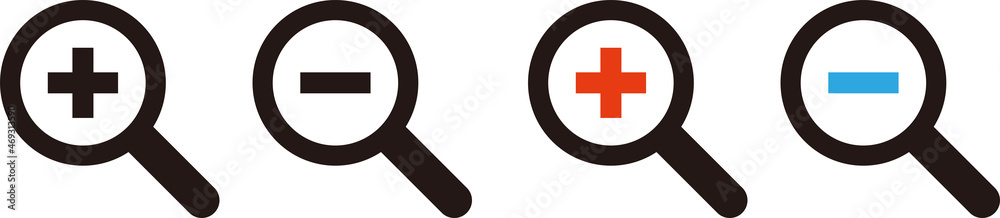 Obraz premium 拡大と縮小の虫眼鏡アイコンセット。