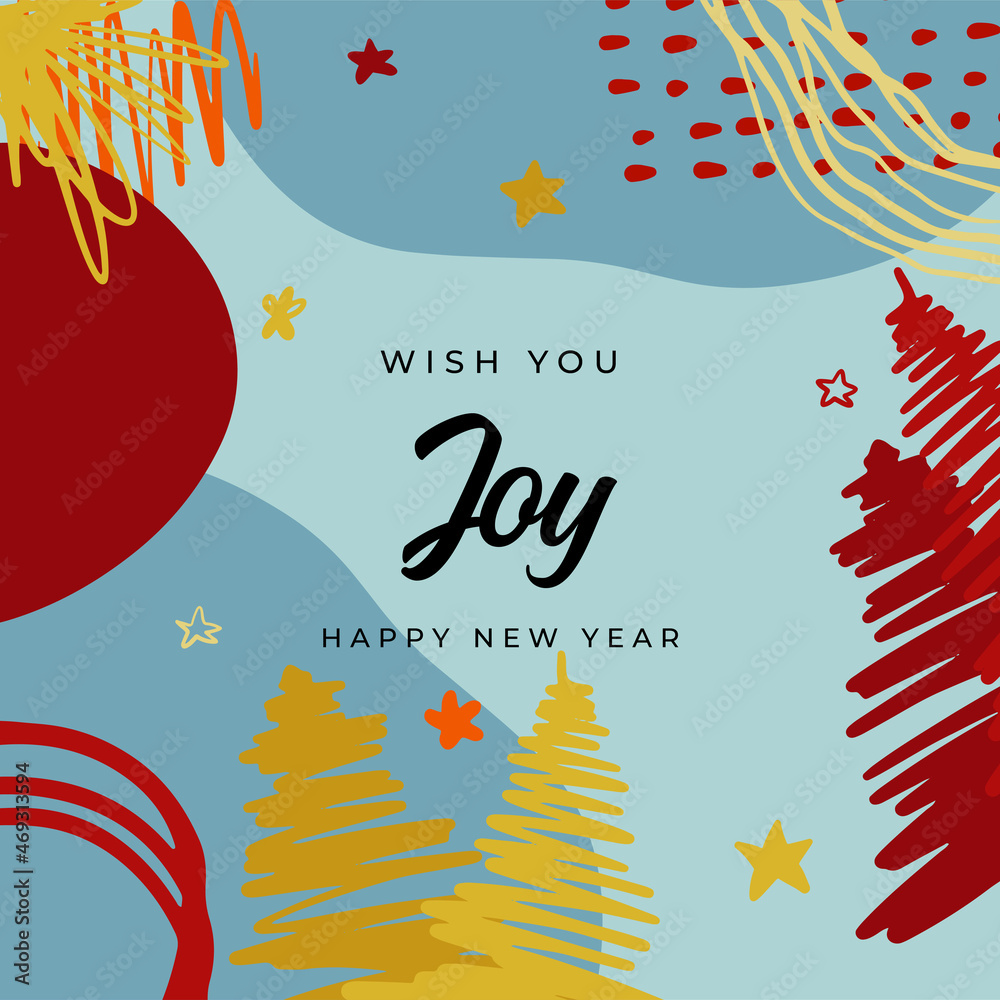 Merry Christmas greeting cards. Trendy abstract square Winter Holidays art templates. New year joyful season greeting cards. For social media post, mobile apps, banner design and web/internet ads.