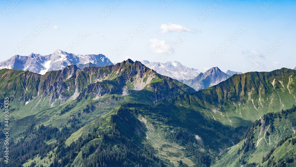 Kleinwalsertal mountains landscape panorama background - Mountain panorama in summer with blue sky and clouds