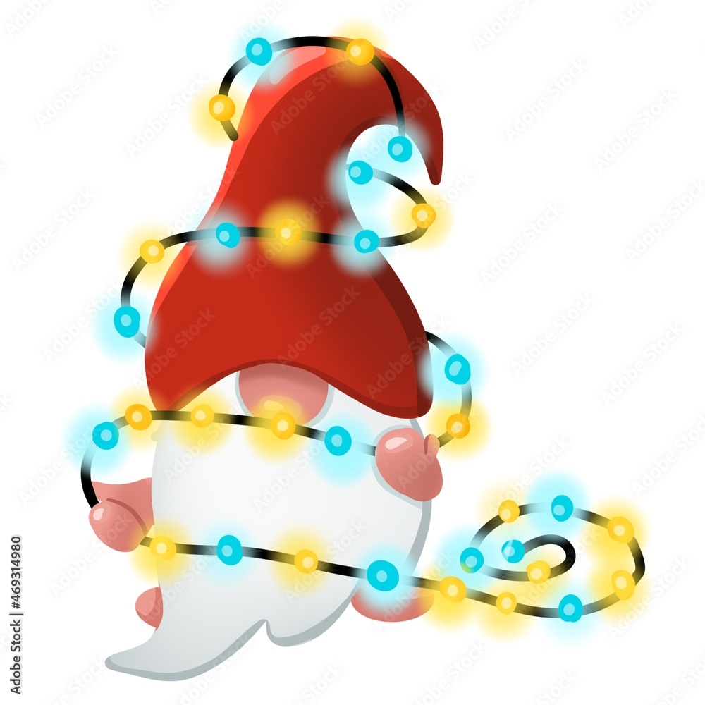 Fototapeta premium Gnome in a red hat holds a luminous garland isolated on white background. hand drawn illustration.