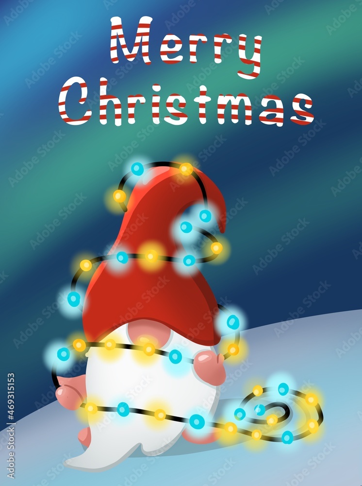 Fototapeta premium Gnome in a red hat holds a luminous garland against the background of the northern lights. Merry christmas card. Hand drawn illustration.
