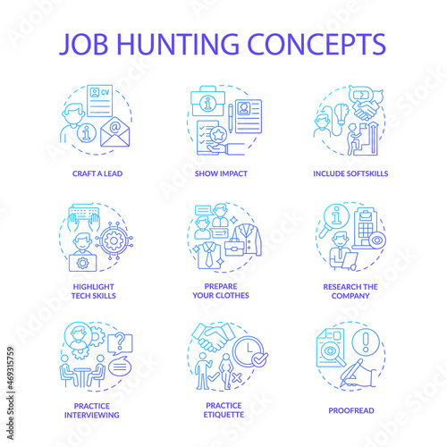 Job hunting blue gradient concept icons set. Attracting talents idea thin line color illustrations. Human resource. Writing cv. Apply for job. Interviewing. Vector isolated outline drawings