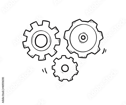 Hand drawn gear set. Doodle sketch style gear mechanism. Concept of business idea, teamwork, progress background. Doodle cog vector illustration.