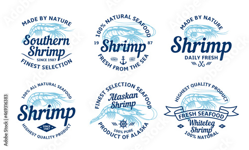 Vector shrimp logo and design elements, label templates and prawn icons