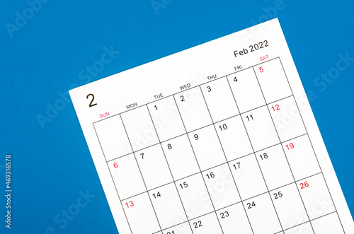 February 2022 calendar sheet. © gamjai