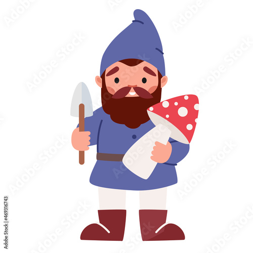 Funny Garden Dwarf Holding Mushroom and Spade in Hands. Fairy Tale Gnome Isolated on White Background, Cute Elf, Goblin