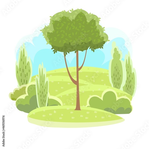 Rural beautiful landscape. Cartoon style. Hills with grass and forest trees. Lush meadows. Cool romantic beauty. Round composition. Flat design illustration. Vector art