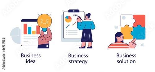 Business plan abstract concept vector illustration set. Business idea, strategy and solution abstract metaphor.