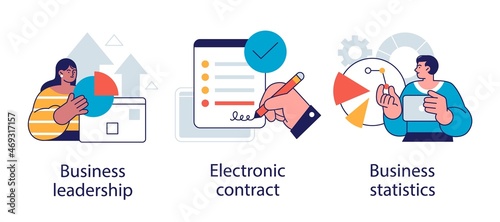 Business icons set. Market success, digital paperwork, corporate research. Business leadership, electronic contract, business statistics metaphors
