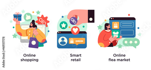 E-commerce platform abstract concept vector illustration set. Online shopping, smart retail, online flea market abstract metaphor.