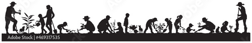 Group of man woman children planting tree vector silhouette collection