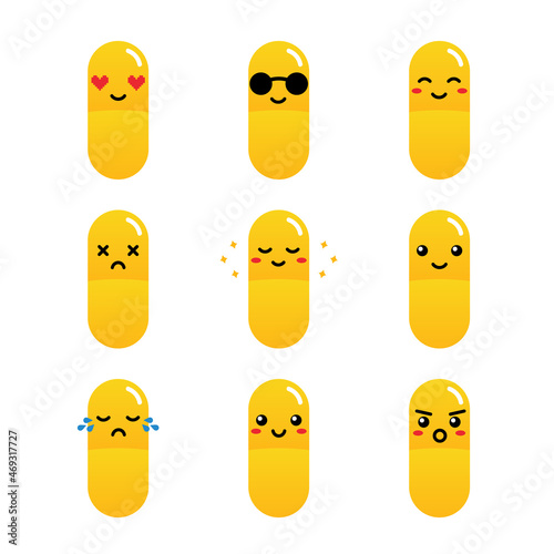 Set, collection, pack of pills emoji, vector cartoon style icons of food supplements, pills, medications characters with different facial expressions, happy, sad, shining, joyful.