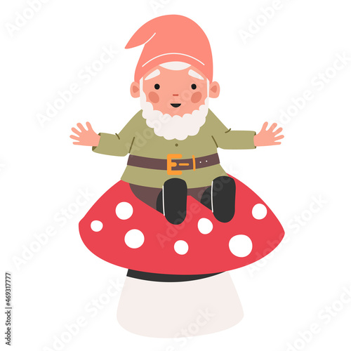 Funny Garden Gnome Sitting on Fly Agaric Mushroom. Fairy Tale Personage Isolated on White Background. Cute Elf Character