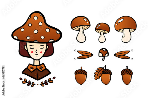 Cute young girl in mushroom hat with acorns, mushrooms and leaves icons. Doodle, cartoon style vector icons for autumn, fall design. 