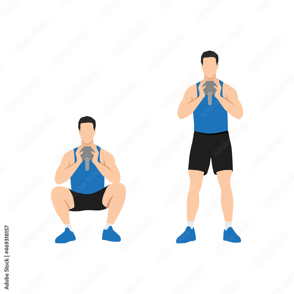 Man doing Kettle bell goblet squat exercise. Flat vector illustration isolated on white background. workout character set Man doing Kettle bell goblet squat exercise. Flat vector illustration isolated on white background. workout character set