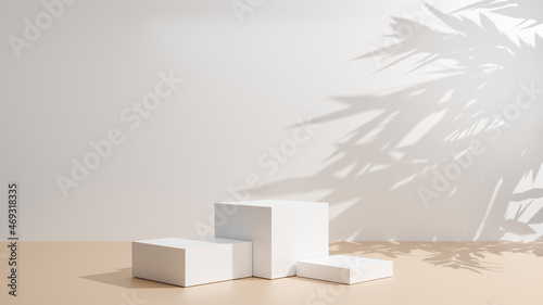 Foto Minimal abstract luxury white podiums block for product presentation with empty stage, Sunshade shadow on beige and shadows of tree leaves, Pedestal for cosmetic product, 3d render illustration