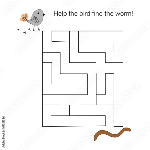 Maze game with bird. Cartoon labyrinth education puzzle. Find path for bird to worm. Vector kids activity worksheet.