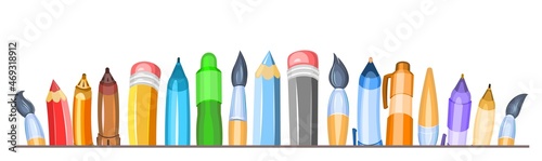 Stationery. Horizontal composition for a border in form of a wave. Pencils and brushes. Items for creativity. Ballpoint and gel pens. Isolated on white background. Cheerful cartoon style. Vector.