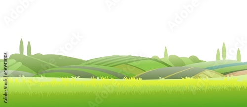 Rural hills and grassy lawn. Farm cute landscape. Funny cartoon design illustration. Flat style. Isolated on white background. Vector.