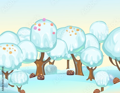 Landscape with ice cream on chocolate sticks. Childrens picture background. Cartoon style. Snow drifts. Cold winter dream land. Sweets and drips. Vector