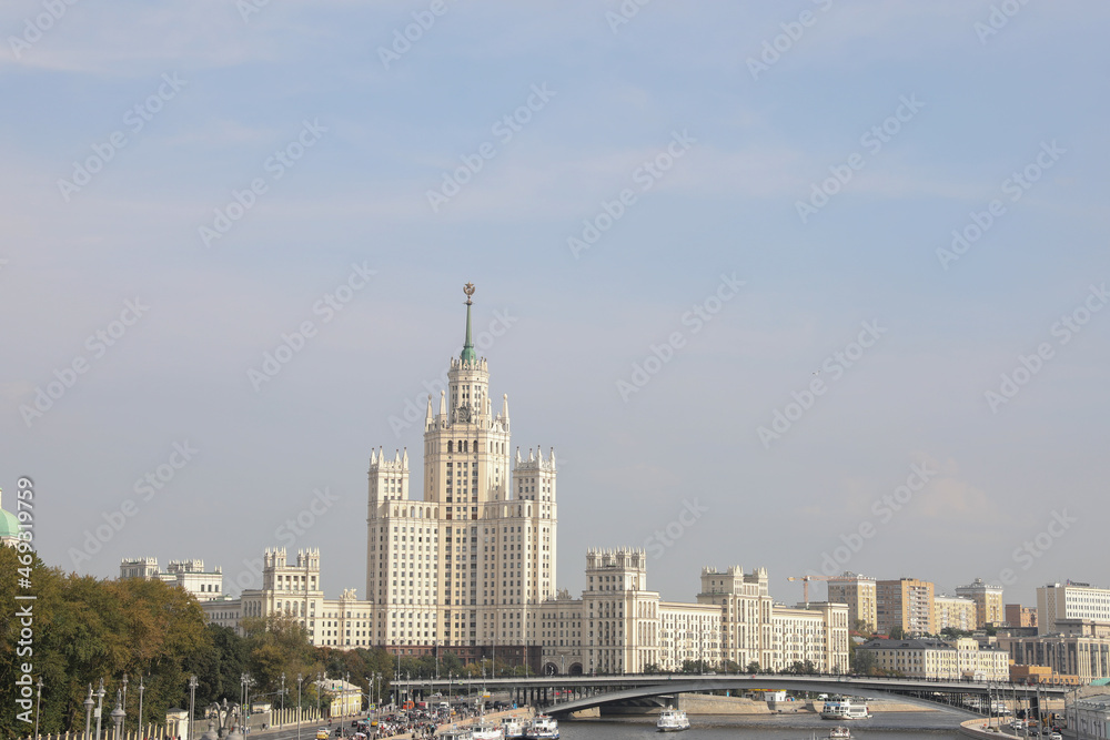 Panoramic View of the Stalinist Skyscraper on the Sky Background in Moscow, Russia High-rise Building in the Center of Moscow View of the Moscow River Summer Cityscape from River Tourist Boat