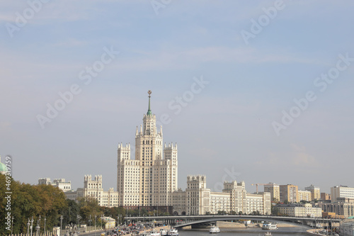 Panoramic View of the Stalinist Skyscraper on the Sky Background in Moscow  Russia High-rise Building in the Center of Moscow View of the Moscow River Summer Cityscape from River Tourist Boat