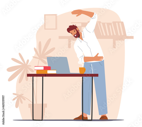 Office Worker Exercising at Workplace. Male Character Do Workout at Work Place Stretching Arms while Work on Laptop