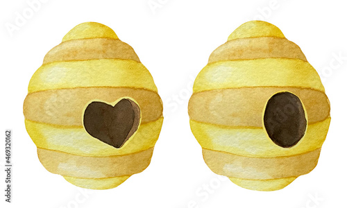 Watercolor beehive with heart shaped entrance. Watercolor illustrations in the theme of beekeeping
