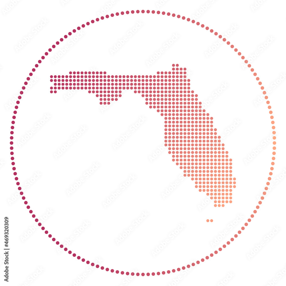 Florida digital badge. Dotted style map of Florida in circle. Tech icon of the us state with gradiented dots. Classy vector illustration.