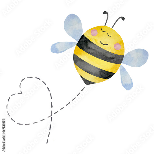 Watercolor cute bee with flight path in heart shape, honey, summer theme. Honey design for baby. photo