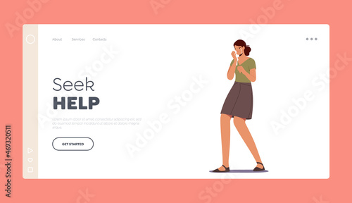 Seek Help Landing Page Template. Young Woman Feeling Heartache, Crying, Wipe Tears from Face. Girl Feel Pain and Grief