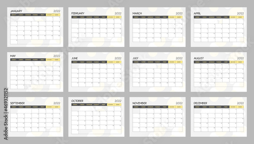 Calendar 2022 template, yellow, gray and white desk calendar design. Week start On Monday, planner, stationery, wall calendar. Vector illustration